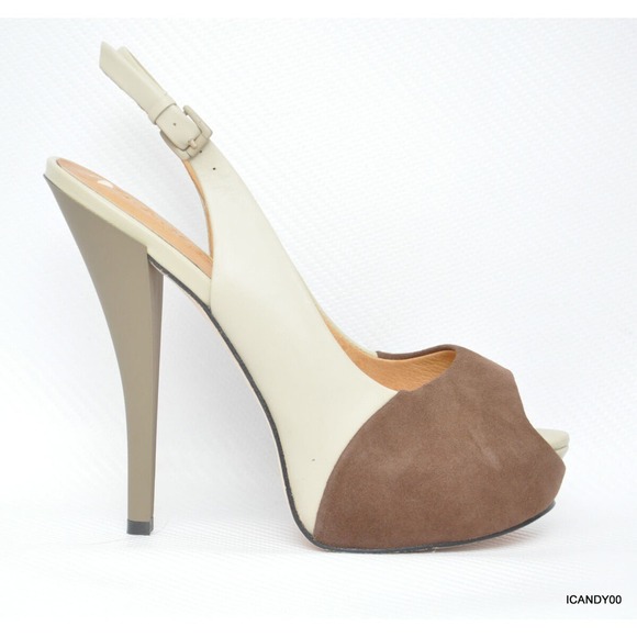 L.A.M.B. Nomad Platform Slingback Pump Open Toe Heel Ivory/Brown 6/6.5/10 $245 - Picture 2 of 9
